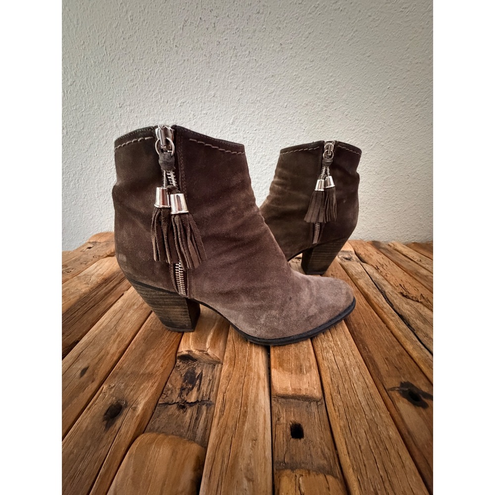 Stuart Weitzman Ankle Boots 37 Brown Suede Tassel Zip Cone Heel Booties